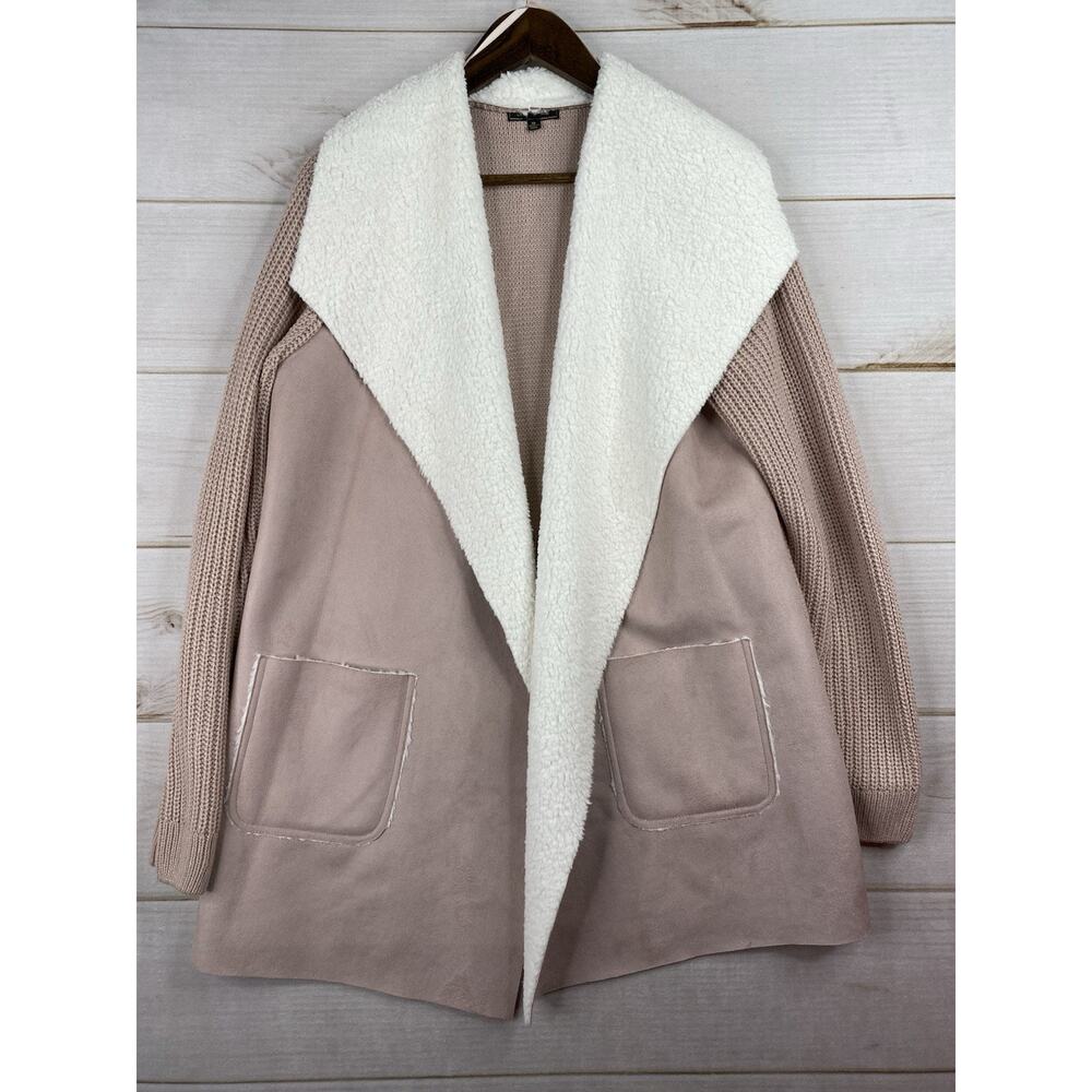 Lety & Me Knit Cardigan Womens XL Pink White Vegan Faux Suede/Fur Pockets Cozy